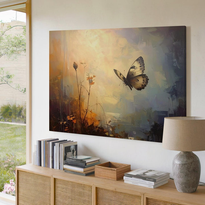 Ethereal Flight Canvas – Minimalist Butterfly with Soft Abstract Background - Gifitto