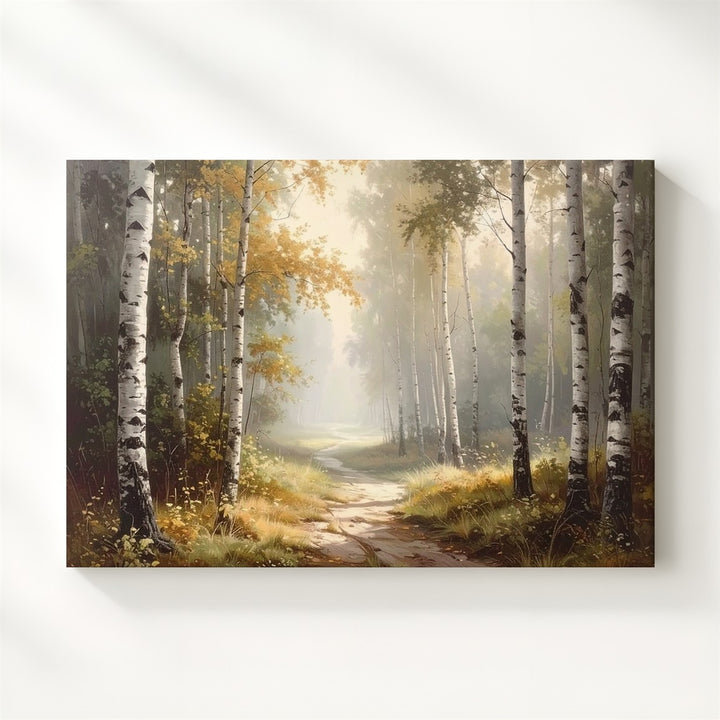 Golden Birch Path Canvas – Serene Autumn Forest Walk with Misty Light - Gifitto
