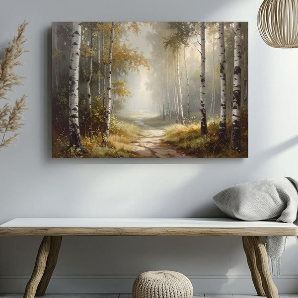 Golden Birch Path Canvas – Serene Autumn Forest Walk with Misty Light - Gifitto