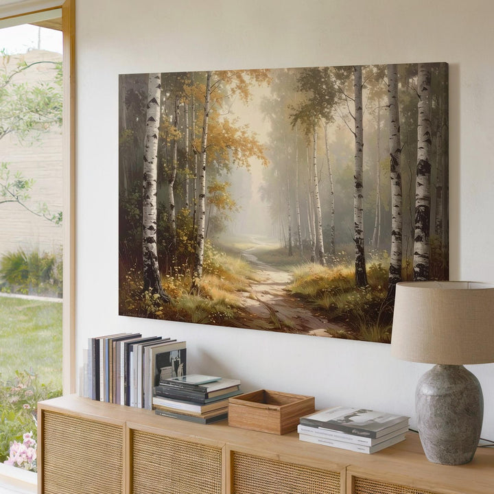 Golden Birch Path Canvas – Serene Autumn Forest Walk with Misty Light - Gifitto