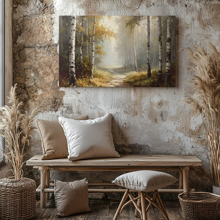 Golden Birch Path Canvas – Serene Autumn Forest Walk with Misty Light - Gifitto