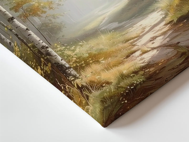 Golden Birch Path Canvas – Serene Autumn Forest Walk with Misty Light - Gifitto