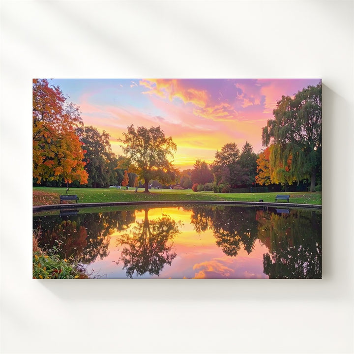 Twilight Park Reflection Canvas – Autumn Lake with Sunset Sky & Silhouettes - Gifitto
