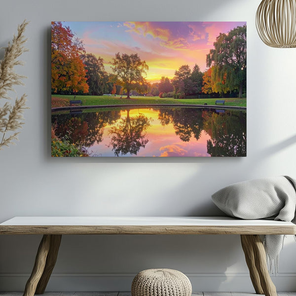 Twilight Park Reflection Canvas – Autumn Lake with Sunset Sky & Silhouettes - Gifitto