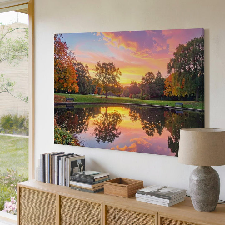 Twilight Park Reflection Canvas – Autumn Lake with Sunset Sky & Silhouettes - Gifitto