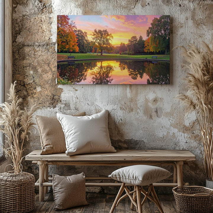 Twilight Park Reflection Canvas – Autumn Lake with Sunset Sky & Silhouettes - Gifitto