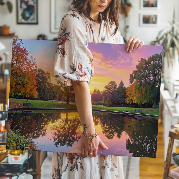 Twilight Park Reflection Canvas – Autumn Lake with Sunset Sky & Silhouettes - Gifitto