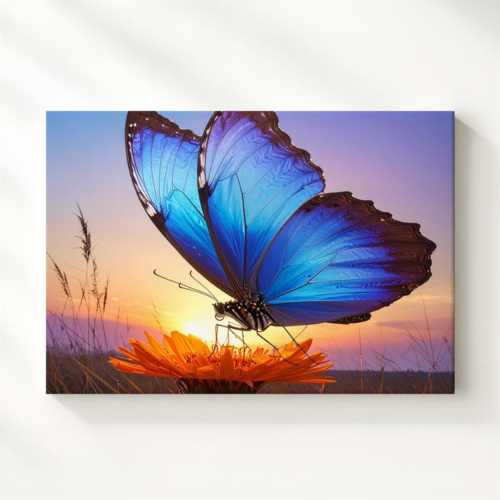 Dusk Radiance Canvas – Blue Butterfly on Orange Bloom at Sunset - Gifitto