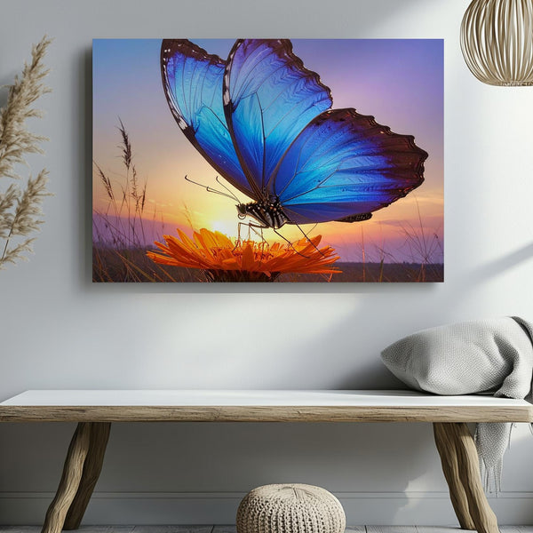 Dusk Radiance Canvas – Blue Butterfly on Orange Bloom at Sunset - Gifitto