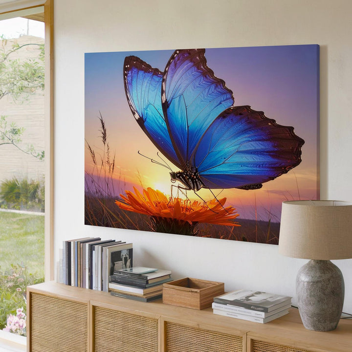 Dusk Radiance Canvas – Blue Butterfly on Orange Bloom at Sunset - Gifitto