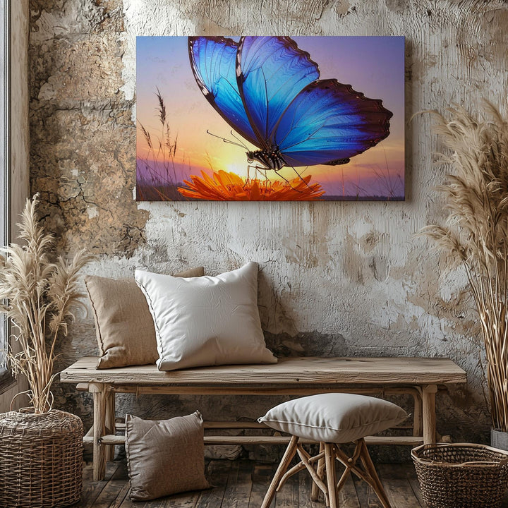 Dusk Radiance Canvas – Blue Butterfly on Orange Bloom at Sunset - Gifitto