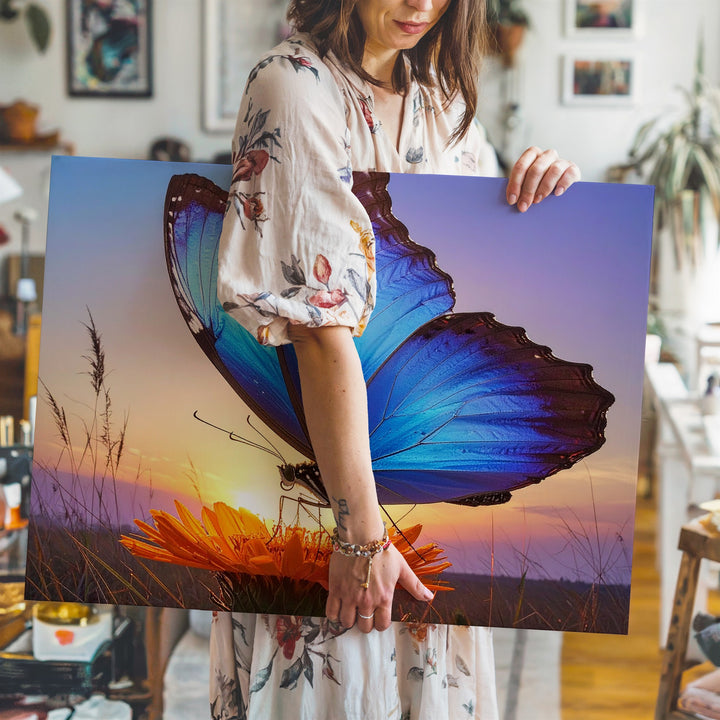 Dusk Radiance Canvas – Blue Butterfly on Orange Bloom at Sunset - Gifitto