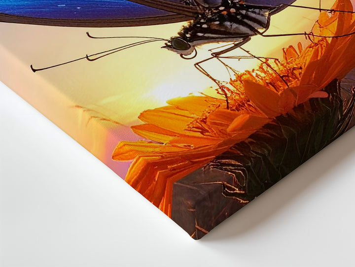 Dusk Radiance Canvas – Blue Butterfly on Orange Bloom at Sunset - Gifitto