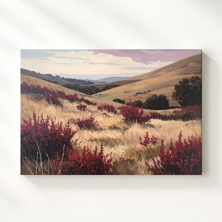 Rustic Windswept Hills Canvas – Autumnal Landscape with Red Wild Shrubs - Gifitto