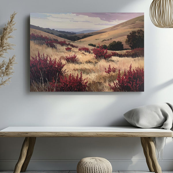 Rustic Windswept Hills Canvas – Autumnal Landscape with Red Wild Shrubs - Gifitto