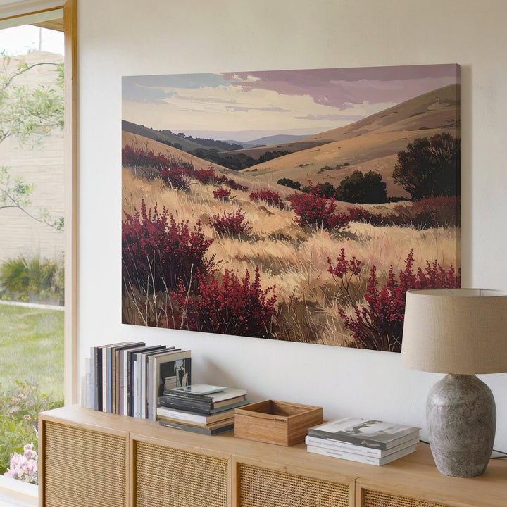 Rustic Windswept Hills Canvas – Autumnal Landscape with Red Wild Shrubs - Gifitto