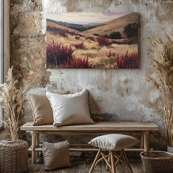 Rustic Windswept Hills Canvas – Autumnal Landscape with Red Wild Shrubs - Gifitto