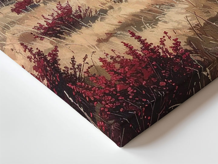 Rustic Windswept Hills Canvas – Autumnal Landscape with Red Wild Shrubs - Gifitto