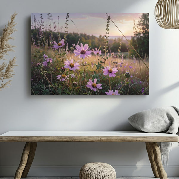 Golden Hour Wildflower Canvas – Soft Pink Blooms in Romantic Meadow Light - Gifitto