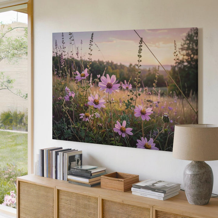 Golden Hour Wildflower Canvas – Soft Pink Blooms in Romantic Meadow Light - Gifitto