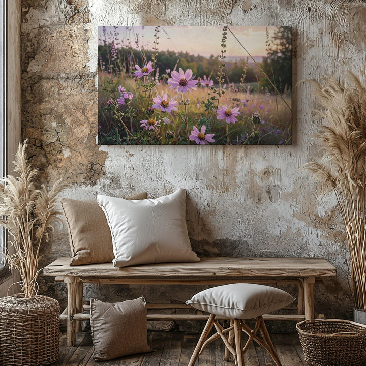 Golden Hour Wildflower Canvas – Soft Pink Blooms in Romantic Meadow Light - Gifitto