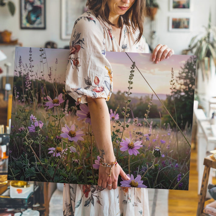 Golden Hour Wildflower Canvas – Soft Pink Blooms in Romantic Meadow Light - Gifitto
