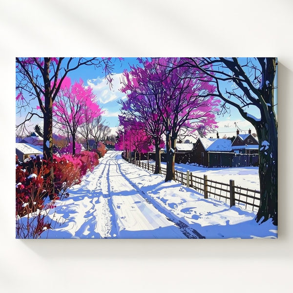 Magenta Winter Path Canvas – Whimsical Snowy Suburban Scene - Gifitto