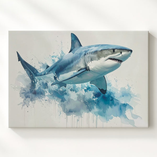 Leaping Shark Watercolor Canvas – Energetic Ocean Motion Wall Art