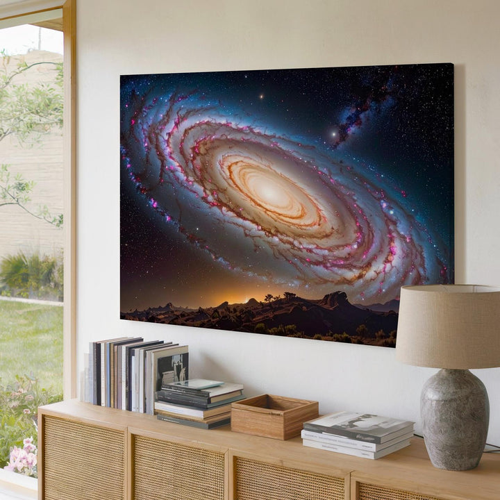 Tilted Spiral Galaxy Canvas – Golden Core & Cool Blue Arms in Deep Space - Gifitto