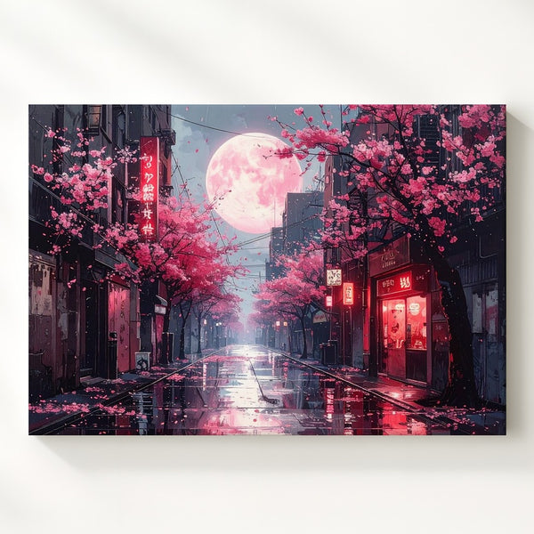 Cyber Blossom Canvas – Neon Cherry Blossom Alleyway Under Pink Moon