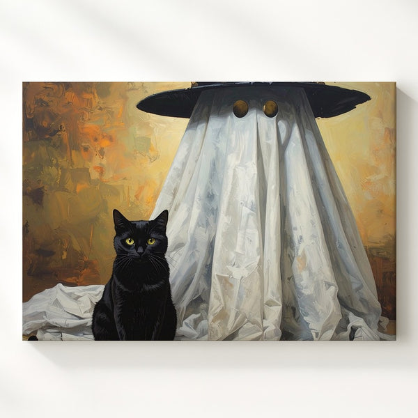 Whimsical Black Cat and Ghost Canvas – Magical Halloween Wall Art - Gifitto