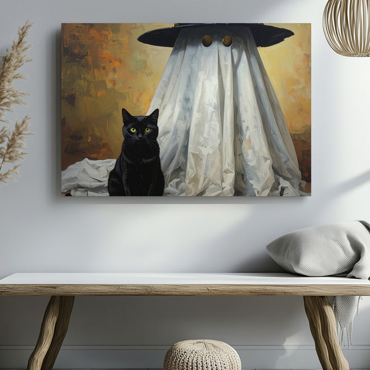 Whimsical Black Cat and Ghost Canvas – Magical Halloween Wall Art - Gifitto