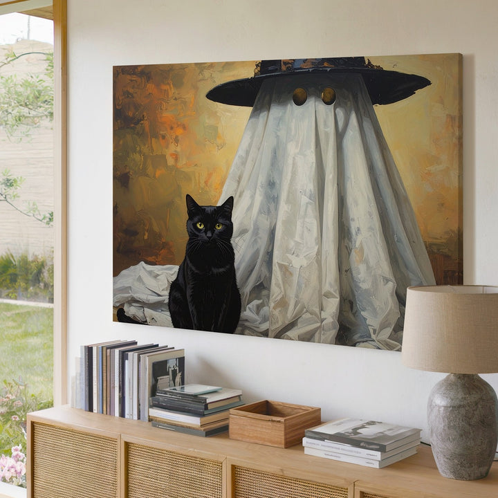 Whimsical Black Cat and Ghost Canvas – Magical Halloween Wall Art - Gifitto
