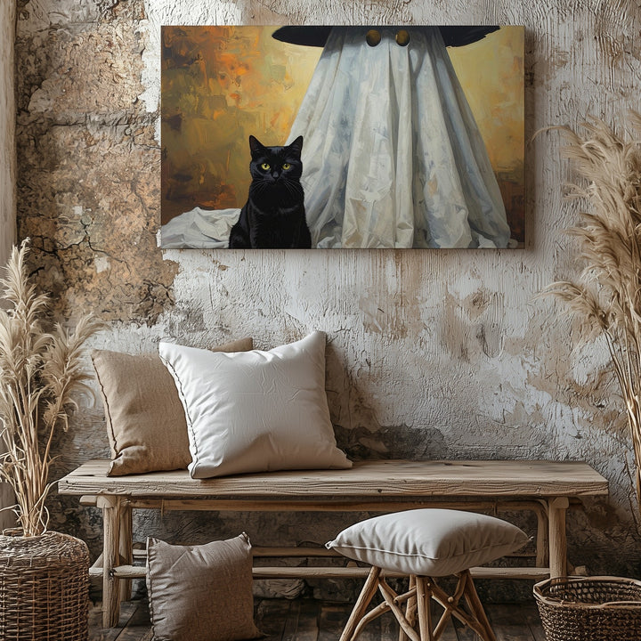 Whimsical Black Cat and Ghost Canvas – Magical Halloween Wall Art - Gifitto