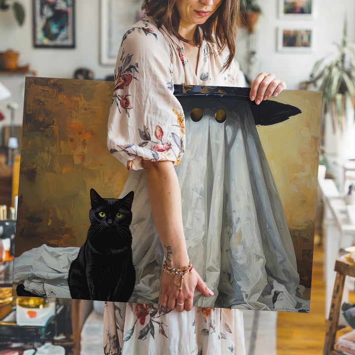 Whimsical Black Cat and Ghost Canvas – Magical Halloween Wall Art - Gifitto