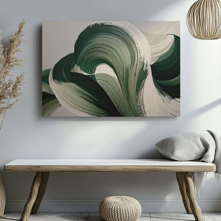 Ribbon Green Leaves Canvas – Bold Abstract Botanical Art with Textured Brushstrokes - Gifitto