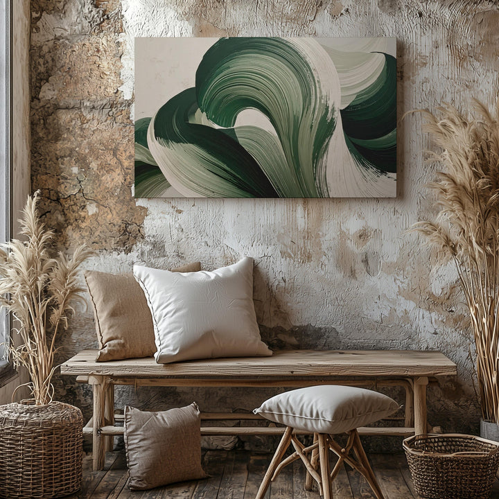 Ribbon Green Leaves Canvas – Bold Abstract Botanical Art with Textured Brushstrokes - Gifitto