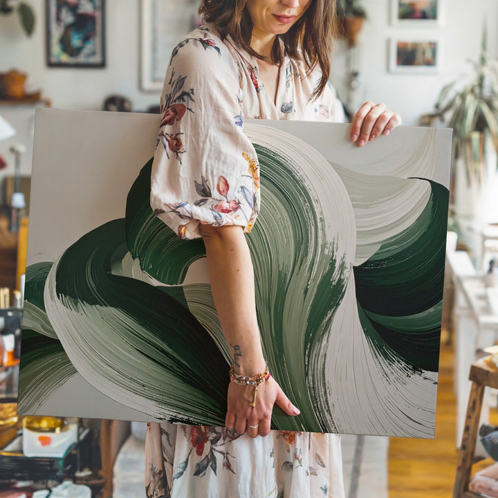 Ribbon Green Leaves Canvas – Bold Abstract Botanical Art with Textured Brushstrokes - Gifitto