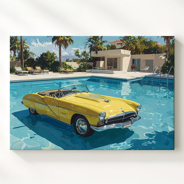 Poolside Daydream Canvas – Floating Yellow Convertible in Surreal Summer Scene - Gifitto