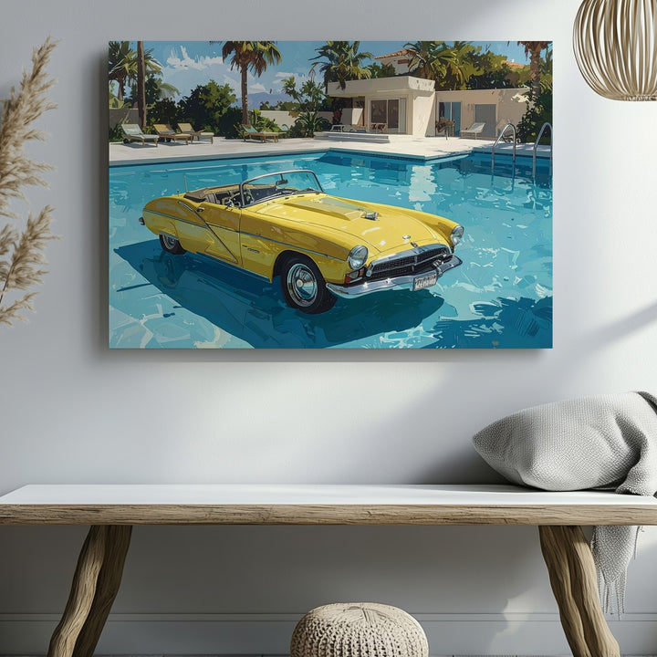 Poolside Daydream Canvas – Floating Yellow Convertible in Surreal Summer Scene - Gifitto