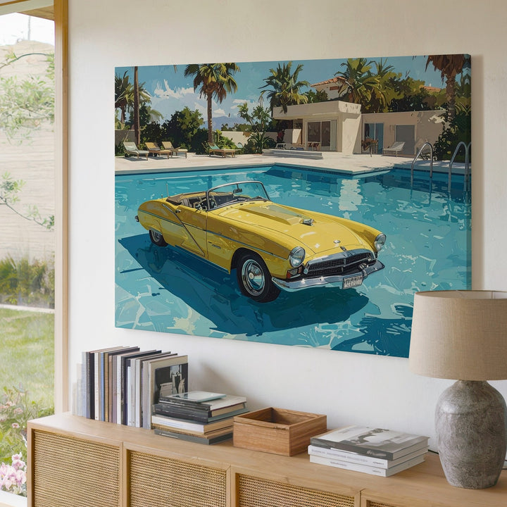 Poolside Daydream Canvas – Floating Yellow Convertible in Surreal Summer Scene - Gifitto