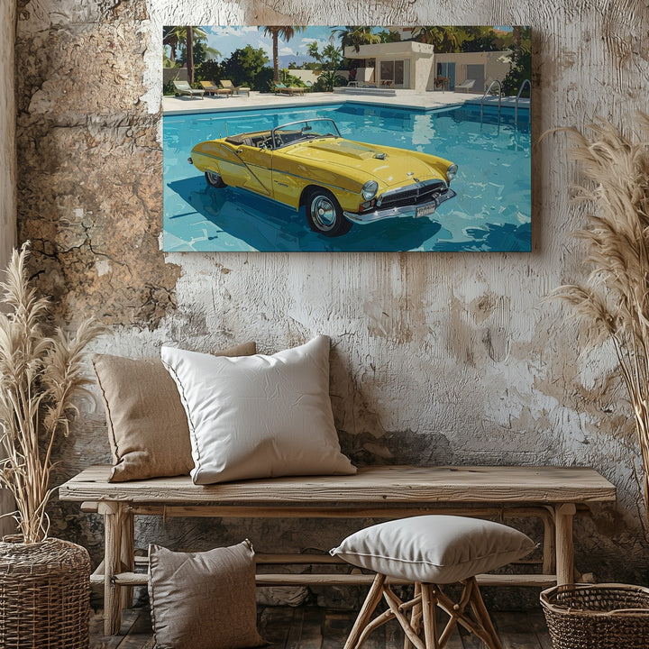 Poolside Daydream Canvas – Floating Yellow Convertible in Surreal Summer Scene - Gifitto