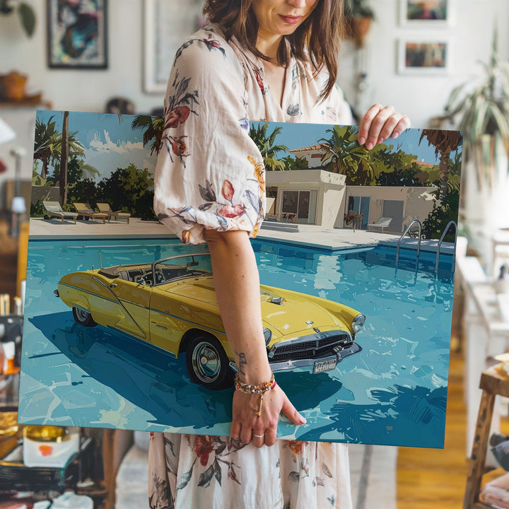 Poolside Daydream Canvas – Floating Yellow Convertible in Surreal Summer Scene - Gifitto