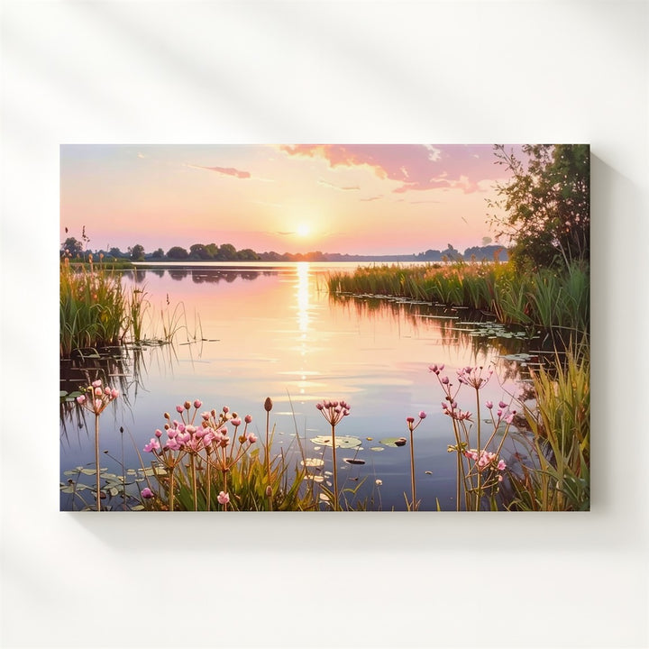 Golden Twilight Lake Canvas – Serene Sunset with Reeds & Pink Flowers - Gifitto