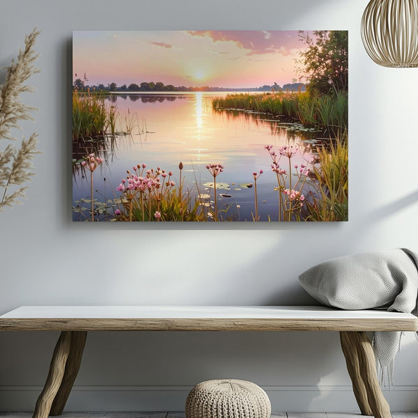 Golden Twilight Lake Canvas – Serene Sunset with Reeds & Pink Flowers - Gifitto
