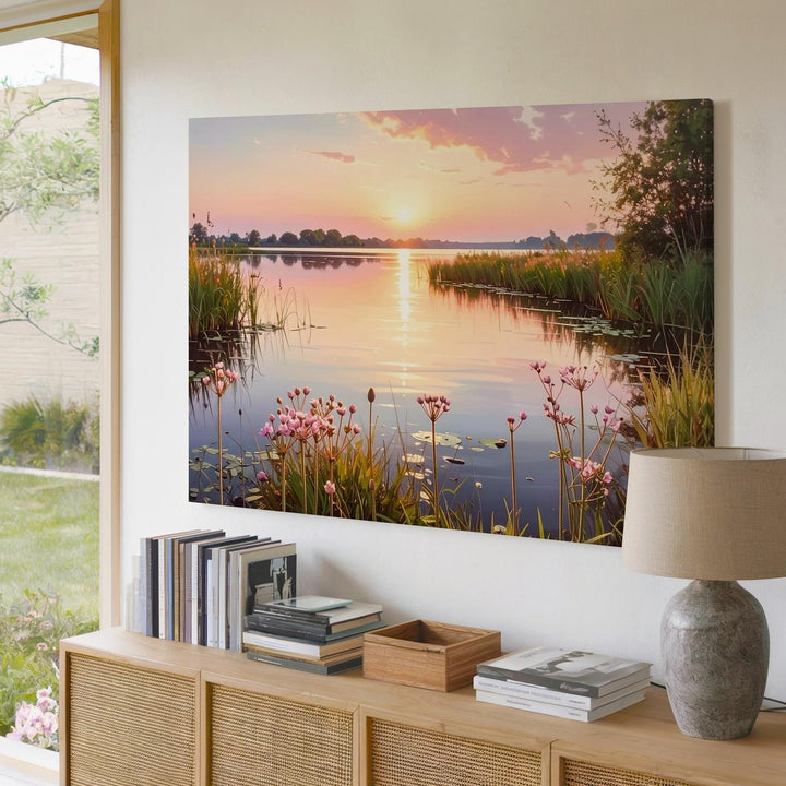 Golden Twilight Lake Canvas – Serene Sunset with Reeds & Pink Flowers - Gifitto