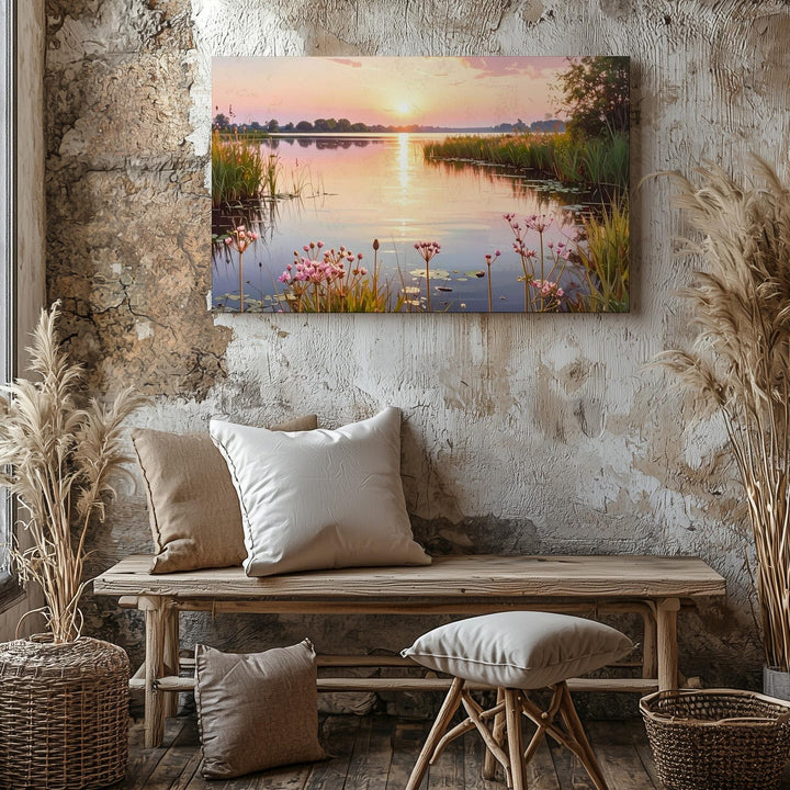 Golden Twilight Lake Canvas – Serene Sunset with Reeds & Pink Flowers - Gifitto