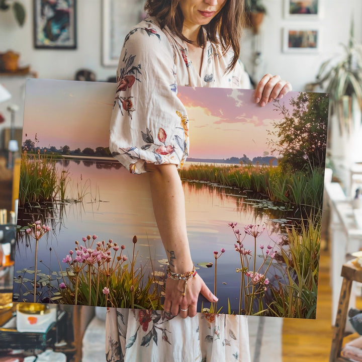Golden Twilight Lake Canvas – Serene Sunset with Reeds & Pink Flowers - Gifitto