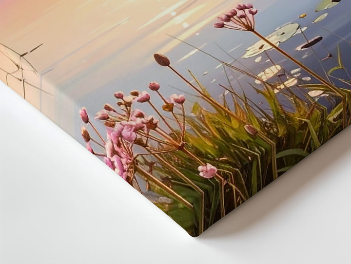 Golden Twilight Lake Canvas – Serene Sunset with Reeds & Pink Flowers - Gifitto