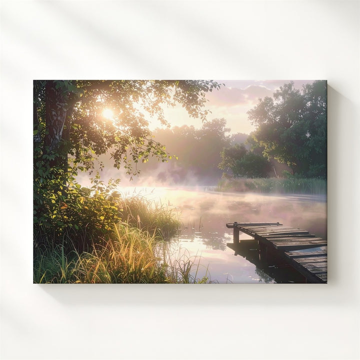 Misty Morning Dock Canvas – Golden Sunrise Lake with Tranquil Foliage - Gifitto